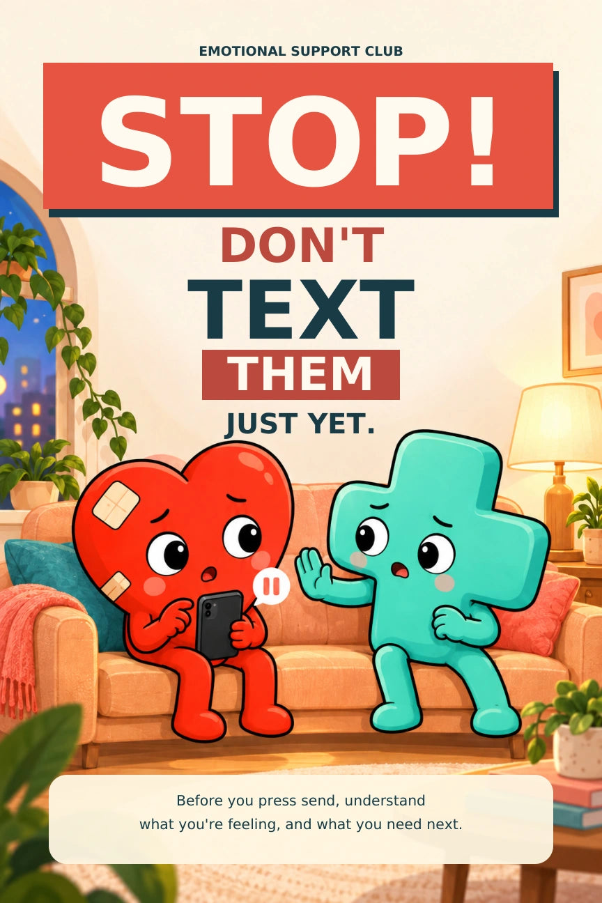Cover of STOP! Don’t Text Them Just Yet, with Heart holding a phone and Plus helping him pause
