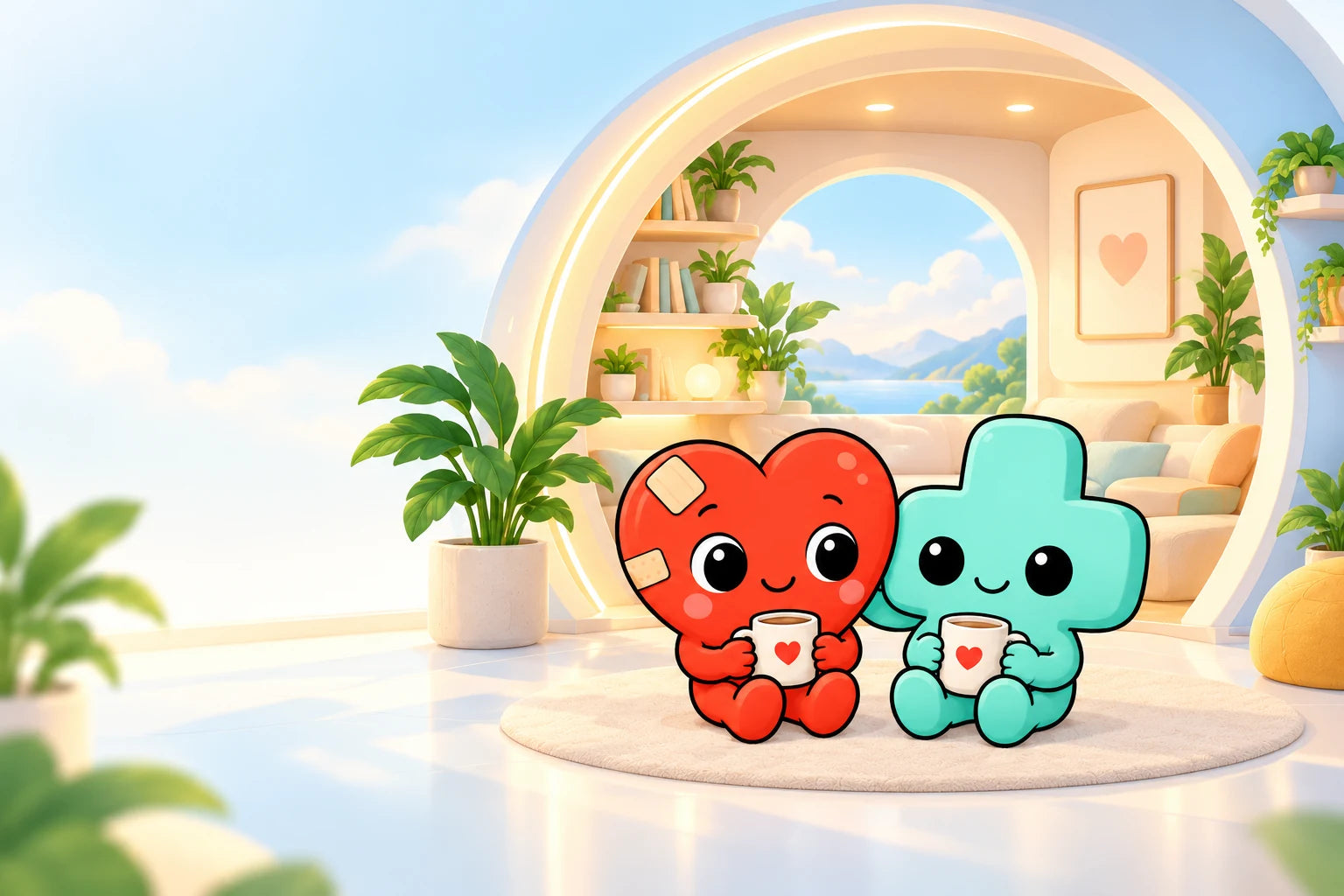Heart and Plus sharing a warm drink outside a bright circular doorway
